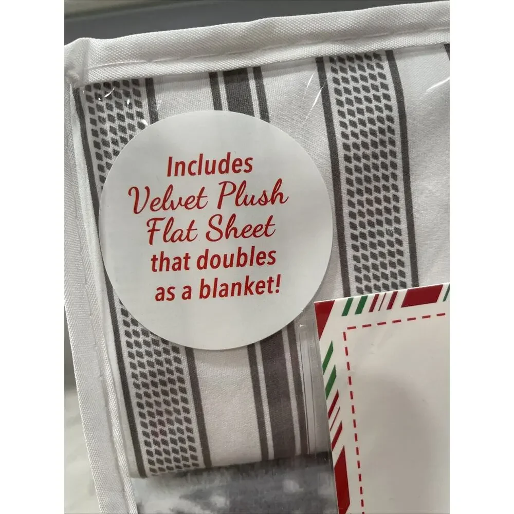 6 Pc SNOWFLAKES Queen Set Winter Holiday Sheets Gray Stripe Plush Sheet Blanket